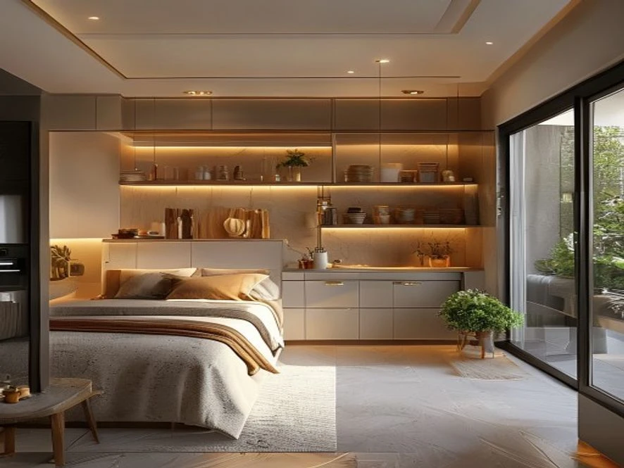 Khu vực bếp gọn gàng trong thiết kế nội thất phòng ngủ 30m2