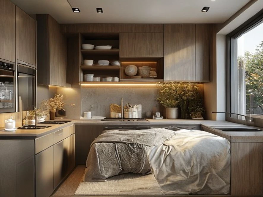 Khu vực bếp nhỏ gọn tiện nghi trong phòng ngủ 30m2