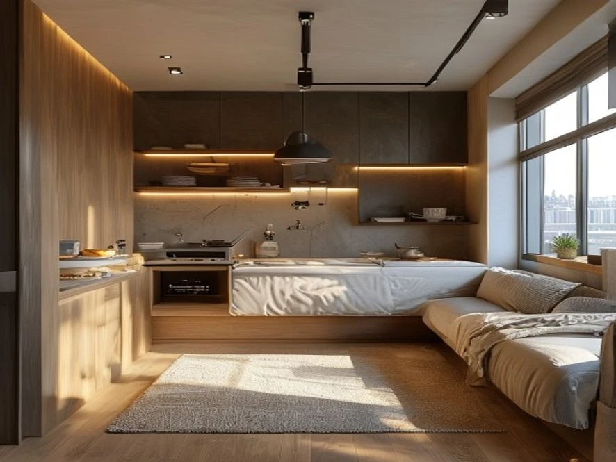 Khu vực nấu nướng mini trong mẫu nội thất phòng ngủ 15m2 đẹp