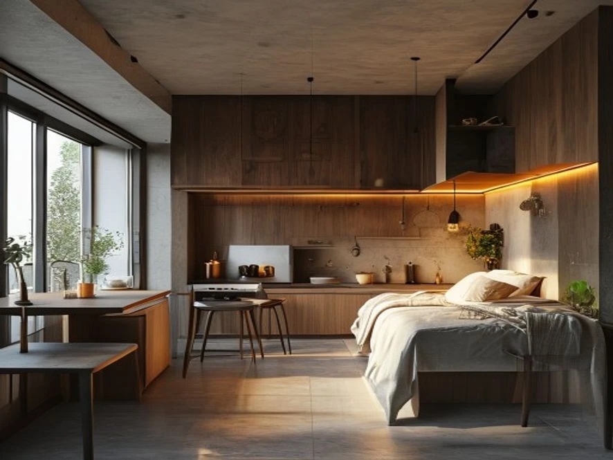 Mẫu nội thất phòng bếp 10m2 kết hợp phòng ngủ