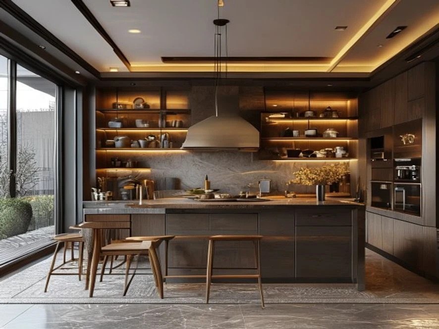 Mẫu nội thất phòng bếp 12m2 đẹp bố cục chữ L truyền thống