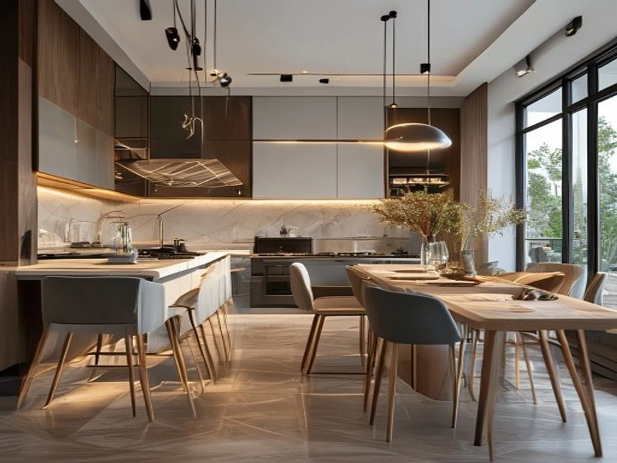 Mẫu nội thất phòng bếp 15m2 đẹp liền phòng ăn