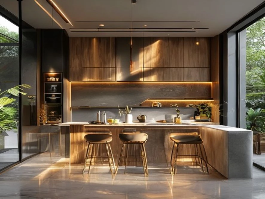 Mẫu nội thất phòng bếp 20m2 đẹp kết hợp phòng khách