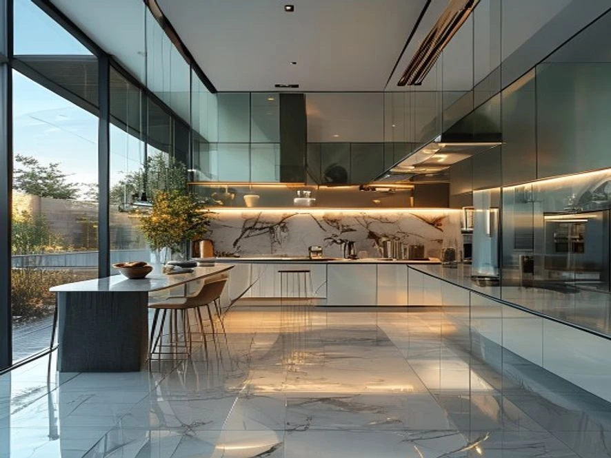 Mẫu nội thất phòng bếp 20m2 đẹp mở rộng không gian với vách kính