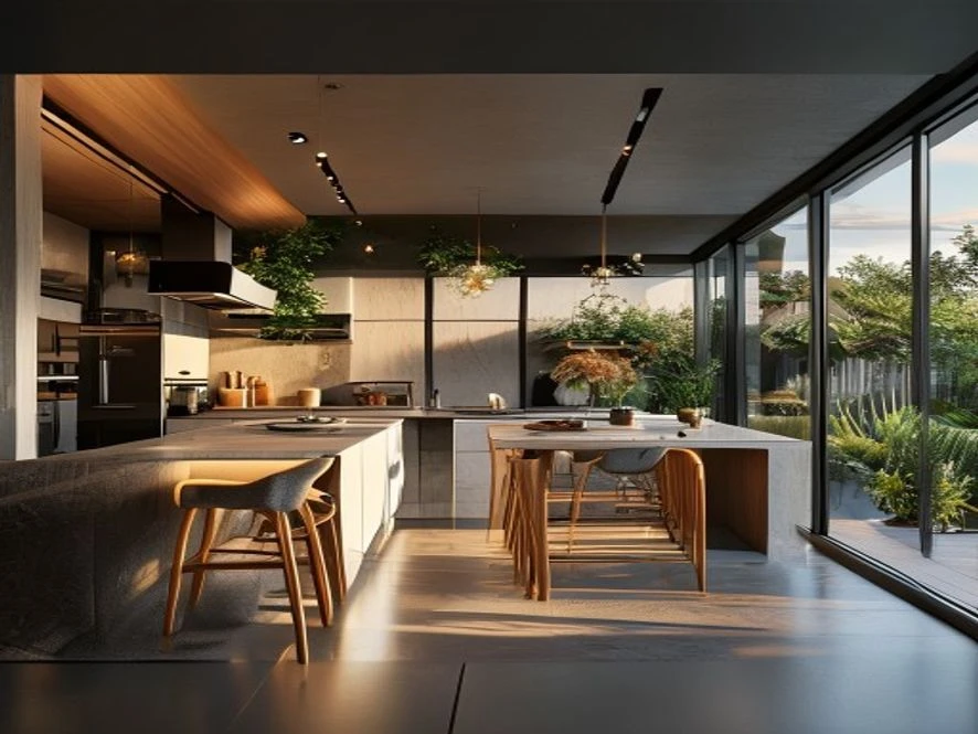 Mẫu nội thất phòng bếp 20m2 đẹp mở rộng ra ban công