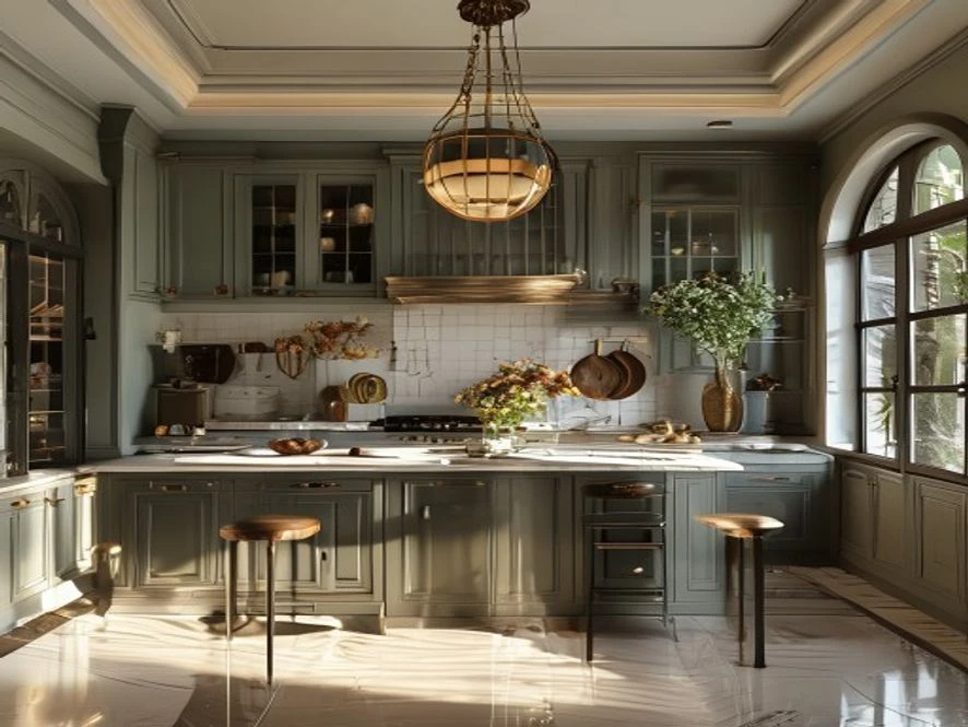 Mẫu nội thất phòng bếp 20m2 đẹp phong cách cổ điển