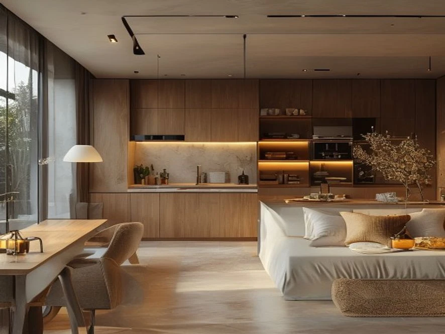 Mẫu nội thất phòng bếp 20m2 đẹp trong phòng ngủ studio
