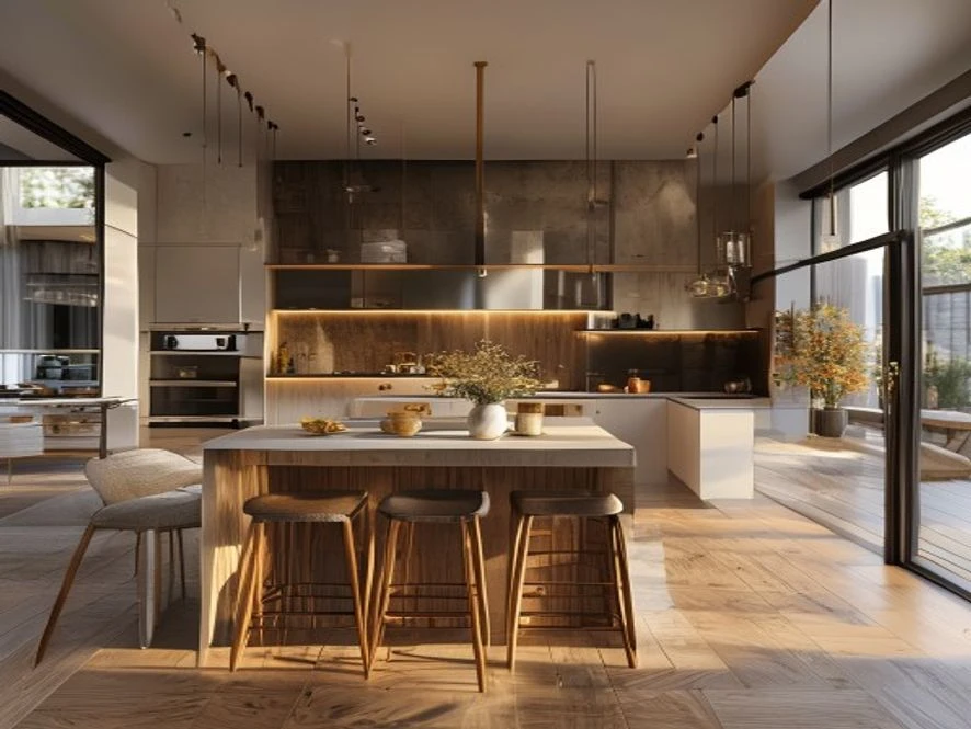 Mẫu nội thất phòng bếp 25m2 đẹp kết hợp phòng khách mở