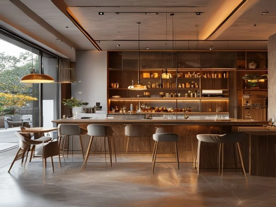 Mẫu nội thất phòng bếp 25m2 đẹp kết nối phòng ăn qua quầy bar