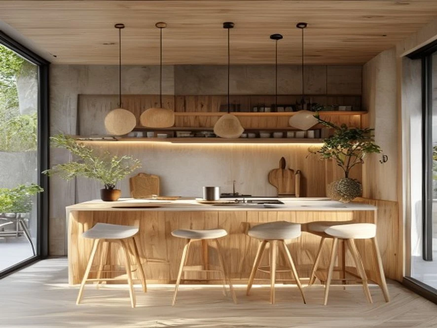 Mẫu nội thất phòng bếp 25m2 đẹp phong cách Bắc Âu với gỗ sáng màu
