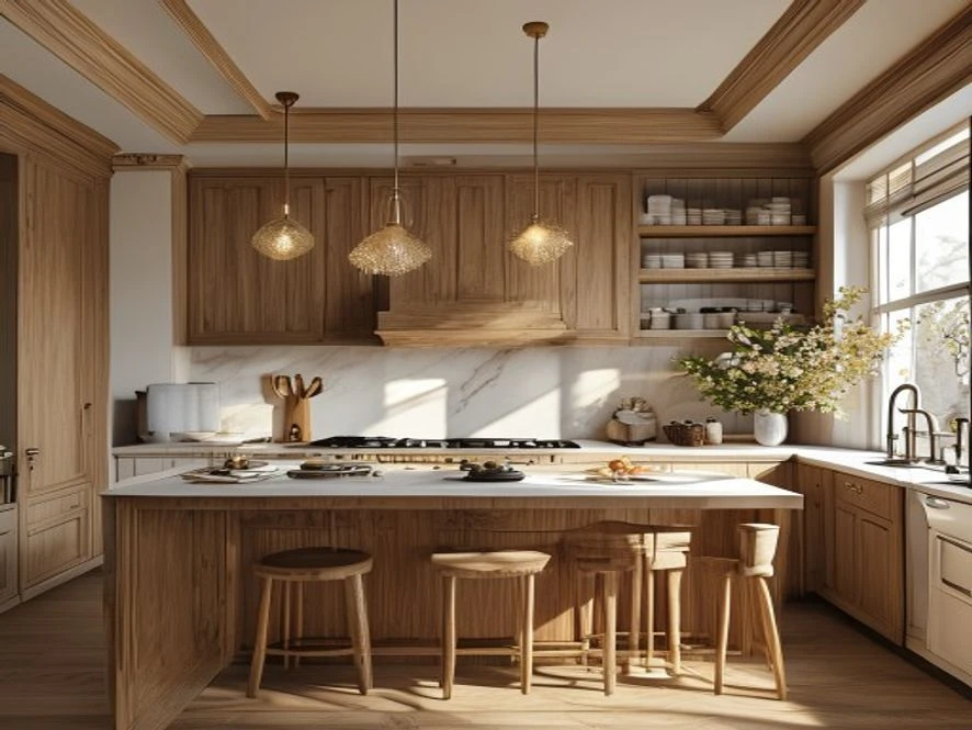 Mẫu nội thất phòng bếp 25m2 đẹp phong cách cổ điển với gỗ tự nhiên cao cấp