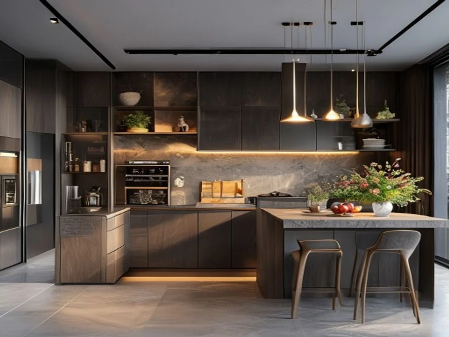 Mẫu nội thất phòng bếp 25m2 đẹp phong cách hiện đại với hệ thống tủ thông minh