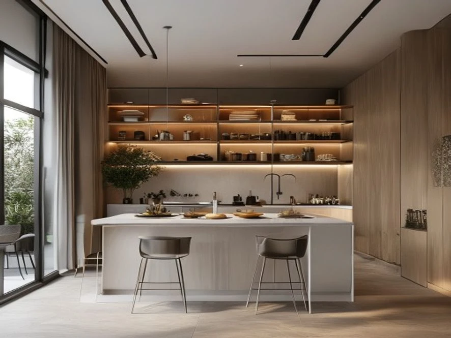 Mẫu nội thất phòng bếp 25m2 đẹp phong cách tối giản với hệ thống lưu trữ thông minh