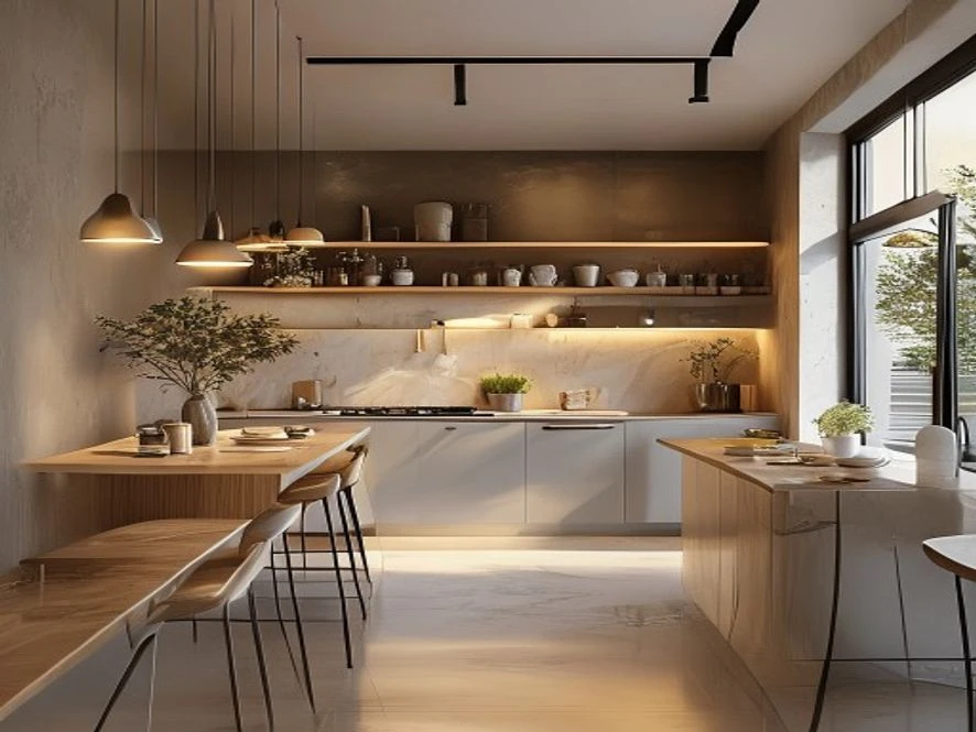 Mẫu nội thất phòng bếp 25m2 đẹp với phong cách tối giản