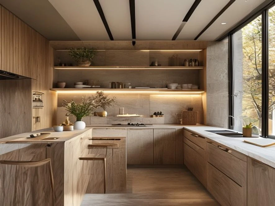 Mẫu nội thất phòng bếp 25m2 đẹp với tông màu trung tính và điểm nhấn gỗ