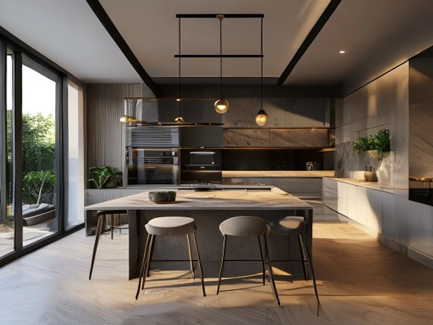 Mẫu nội thất phòng bếp 25m2 đẹp với vật liệu thông minh