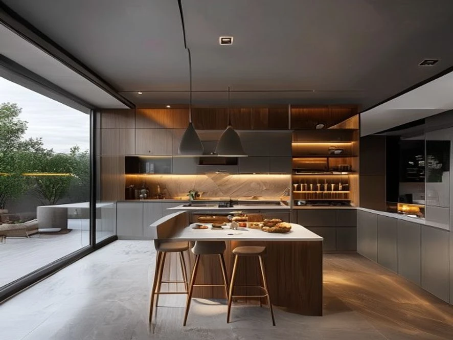Mẫu nội thất phòng bếp 25m2 với layout chữ U và hệ thống tủ cao kịch trần
