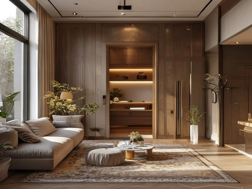 mẫu nội thất phòng khách 25m2 đẹp cửa phòng tắm ẩn