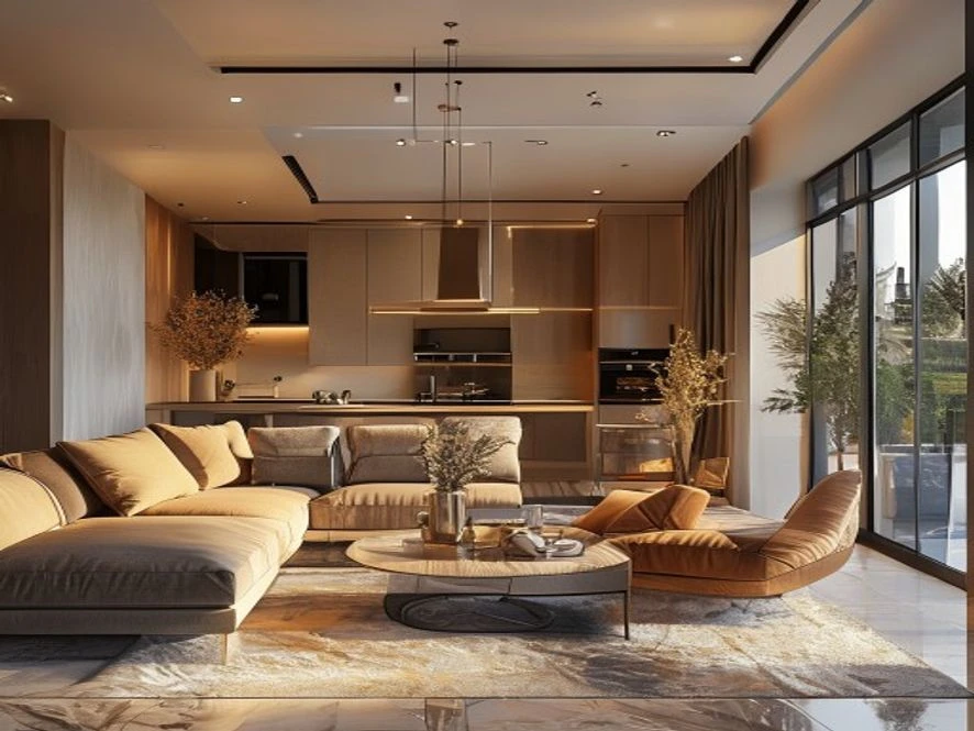 mẫu nội thất phòng khách 25m2 đẹp liền bếp