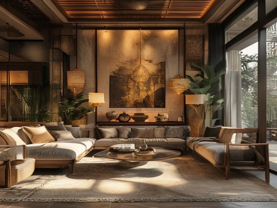 mẫu nội thất phòng khách 25m2 đẹp phong cách indochine