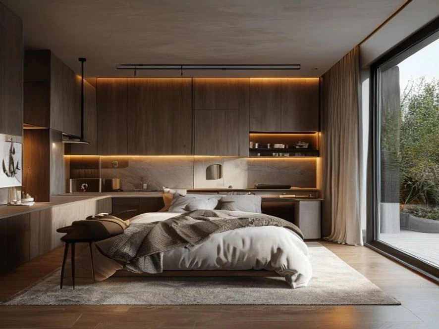 Mẫu nội thất phòng ngủ 12m2 tích hợp khu vực bếp