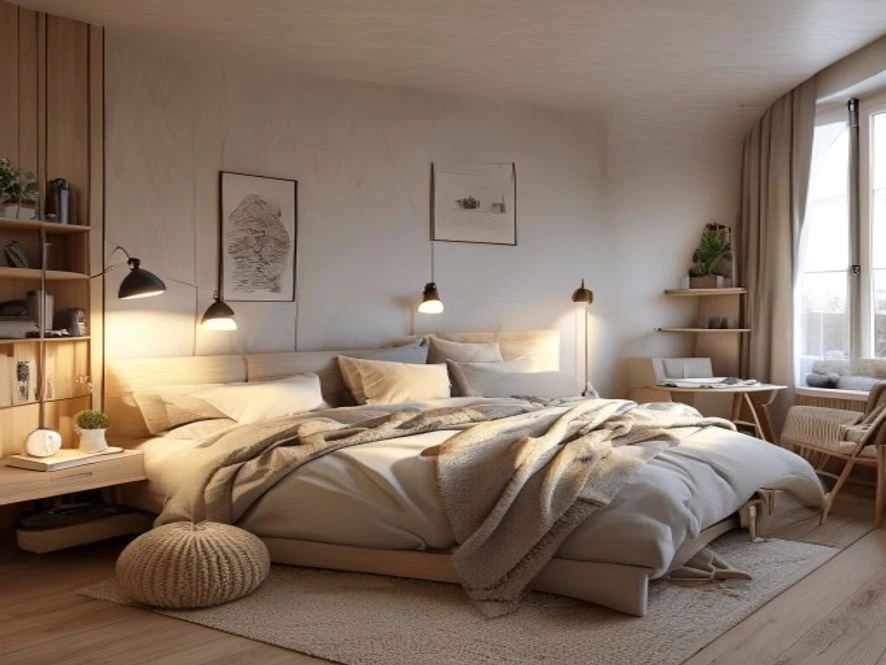 Mẫu nội thất phòng ngủ 25m2 phong cách Scandinavian ấm cúng