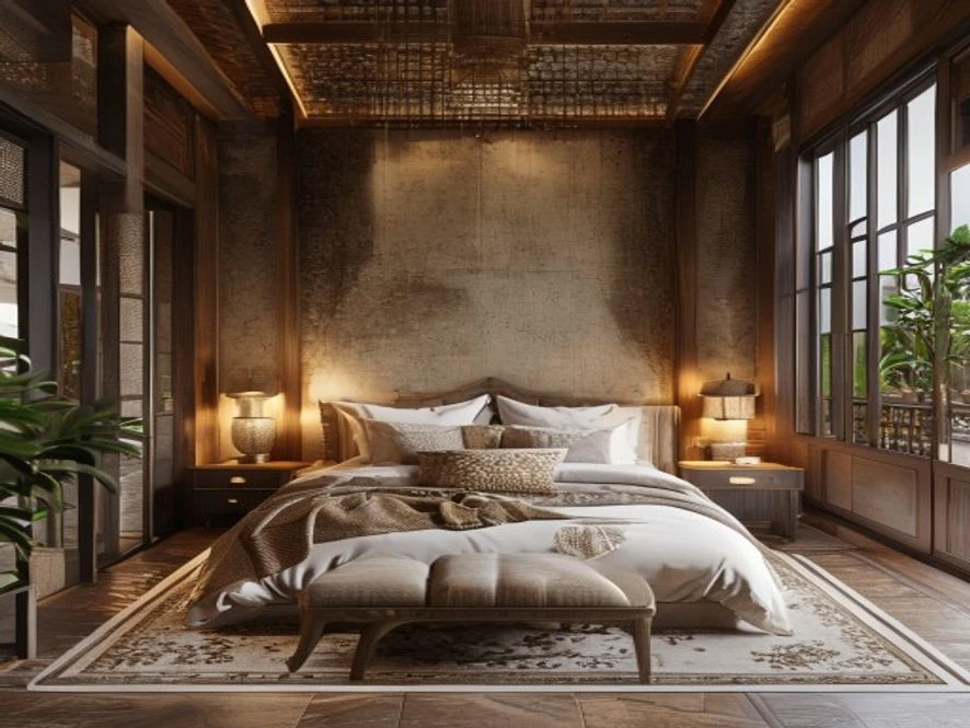 mẫu nội thất phòng ngủ 30m2 đẹp phong cách Đông Dương