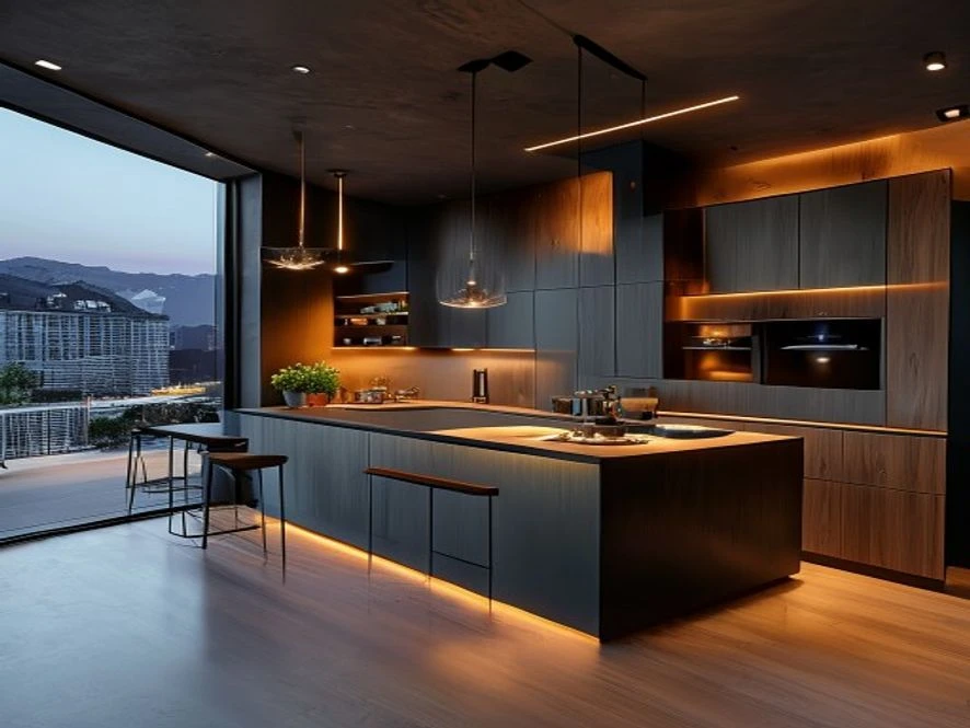 Mẫu phòng bếp 20m2 với hệ thống ánh sáng thông minh