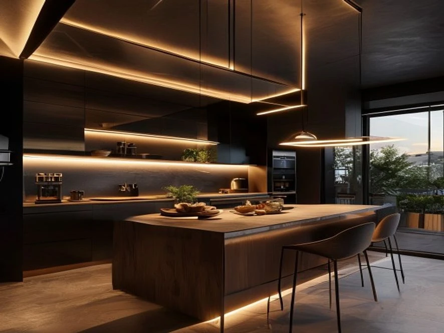 Mẫu phòng bếp 25m2 hiện đại với hệ thống ánh sáng