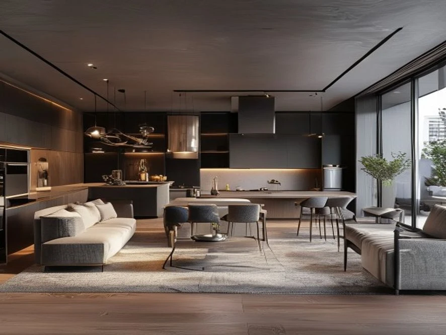Mẫu phòng bếp hiện đại trong thiết kế nội thất phòng khách 30m2