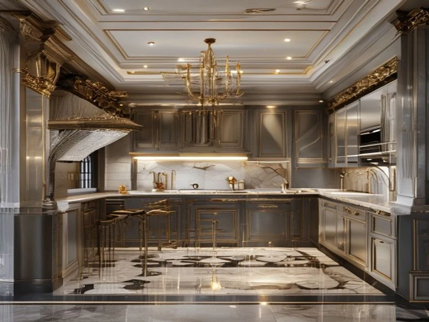 Mẫu thiết kế nội thất phòng bếp 25m2 tân cổ điển sang trọng