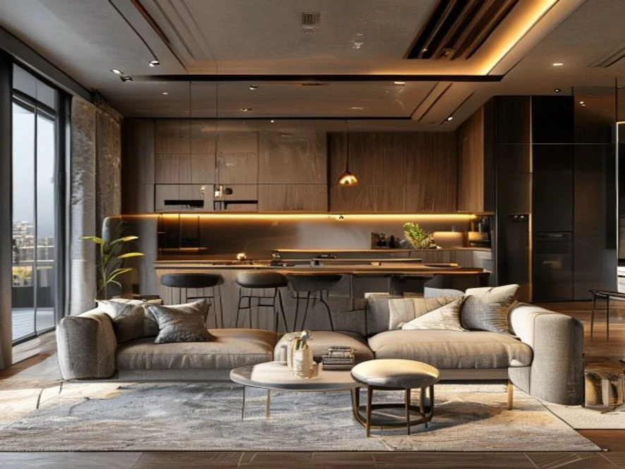 Mẫu thiết kế nội thất phòng khách 40m2 liên thông bếp