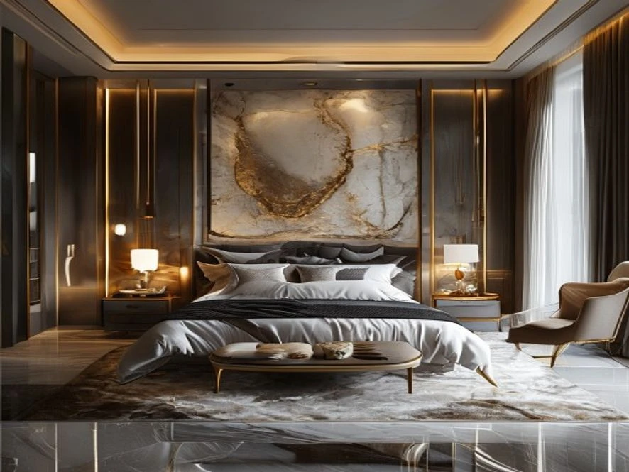 Mẫu thiết kế nội thất phòng ngủ 30m2 phong cách Luxury sang trọng