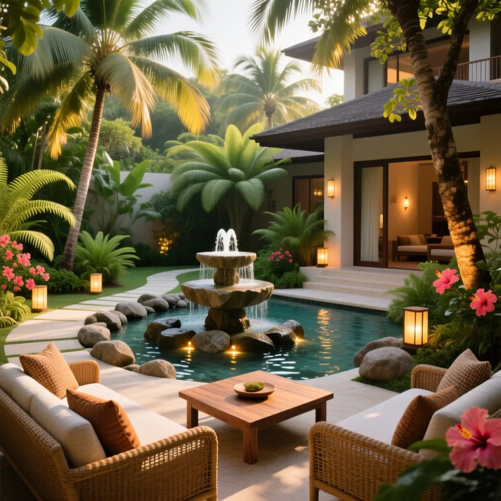 Sân vườn nhiệt đới trong thiết kế nội thất biệt thự