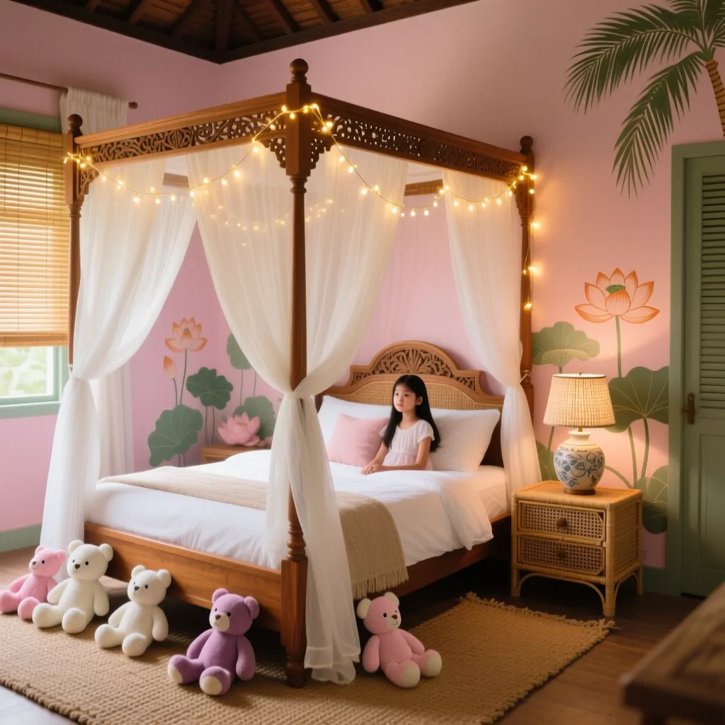 Phòng ngủ bé gái phong cách Indochine trong biệt thự