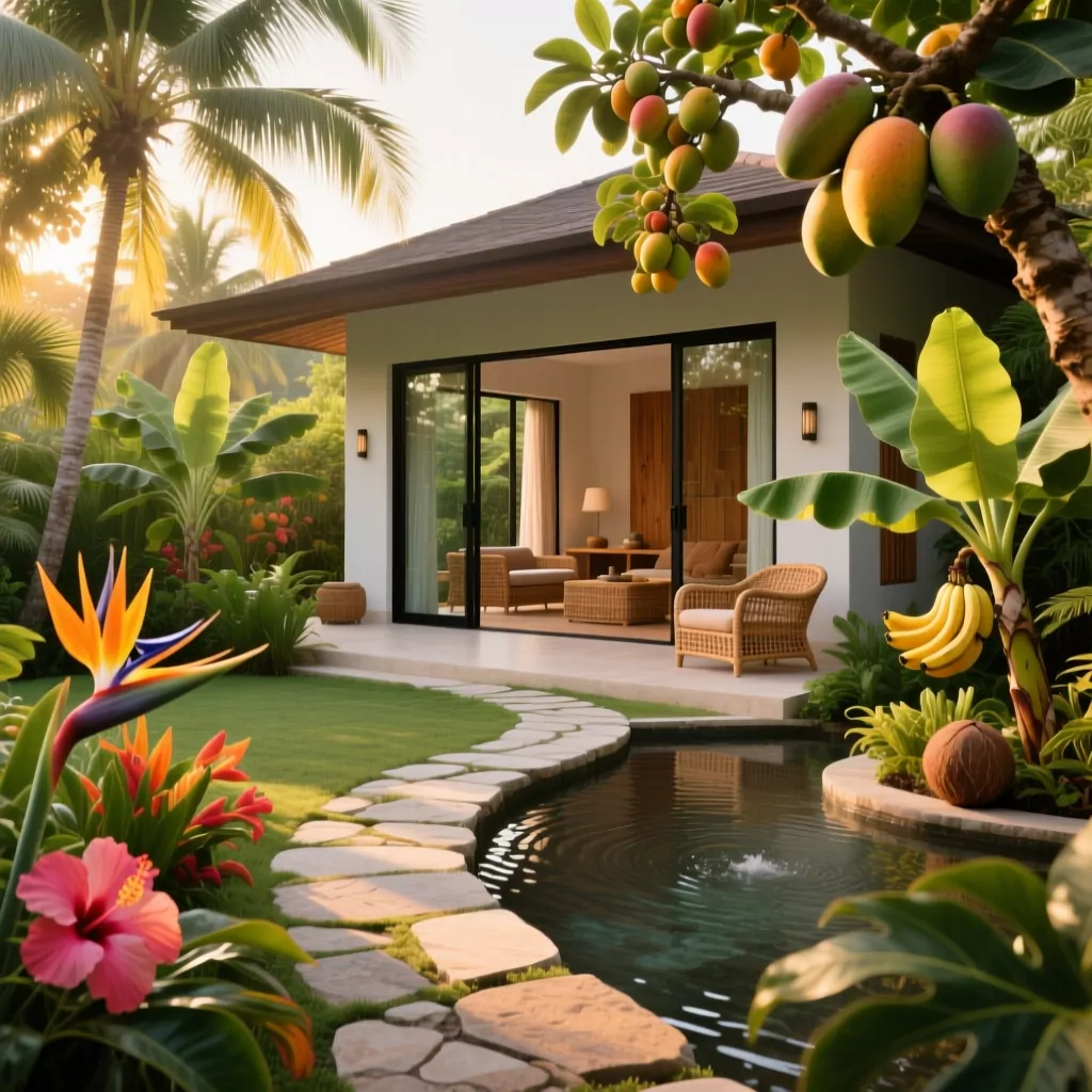 Mẫu nội thất nhà cấp 4 đẹp phong cách Tropical với sân vườn xanh mát