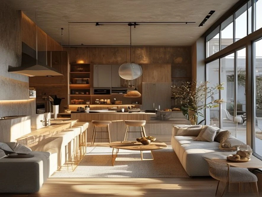 Nội thất phòng bếp 12m2 liên thông phòng khách hiện đại thoáng đãng