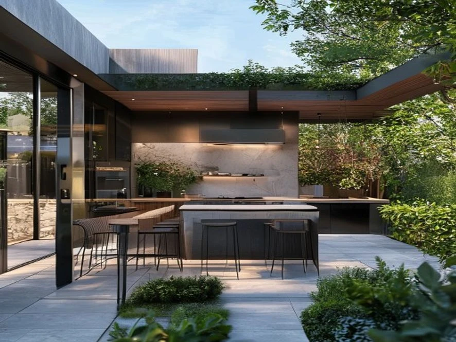 Nội thất phòng bếp 12m2 ngoài trời sân vườn hiện đại