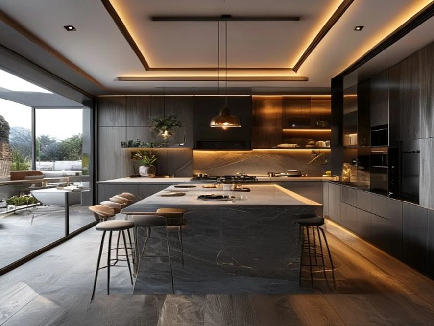 Nội thất phòng bếp 15m2 dạng chữ U với đảo bếp trung tâm