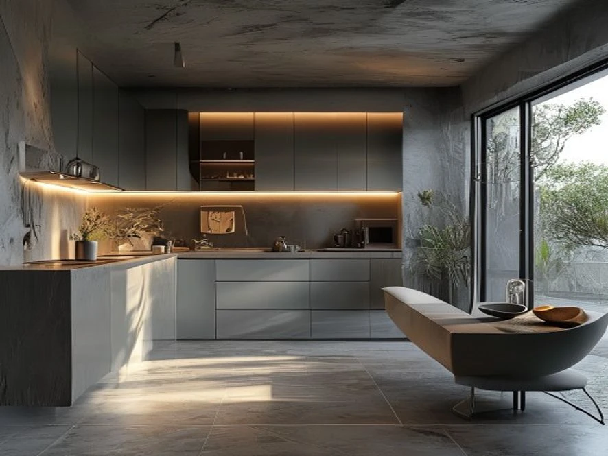 Nội thất phòng bếp 15m2 gần phòng tắm với vật liệu chống ẩm