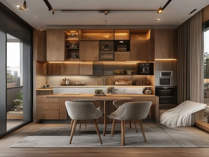Nội thất phòng bếp 15m2 kết hợp phòng ngủ với hệ thống tủ đa năng
