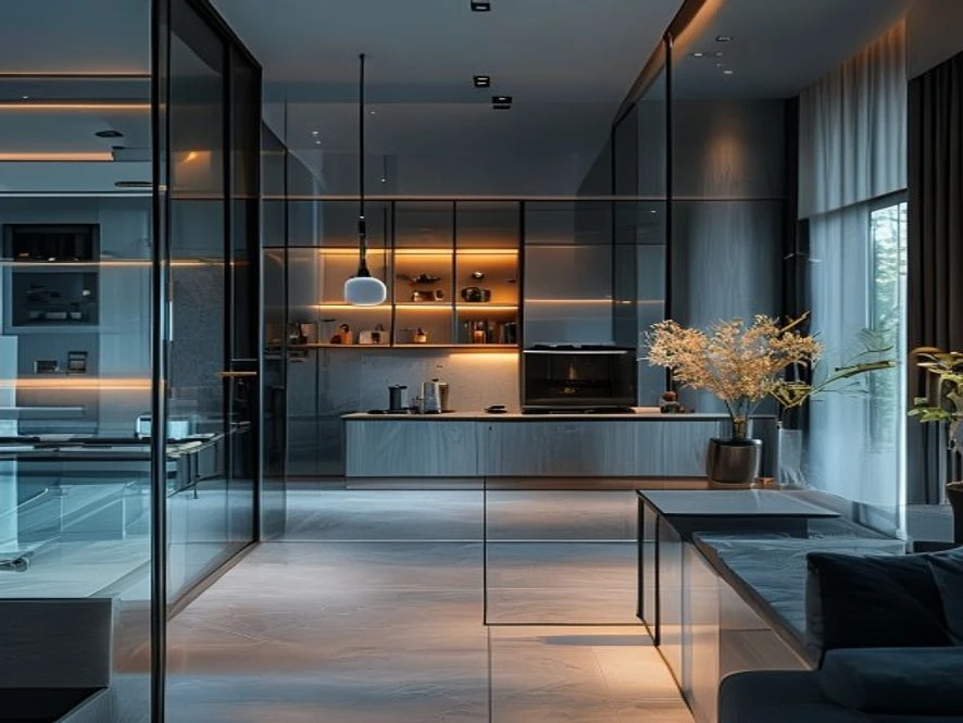 Nội thất phòng bếp 15m2 kết nối phòng khách với vách kính mờ