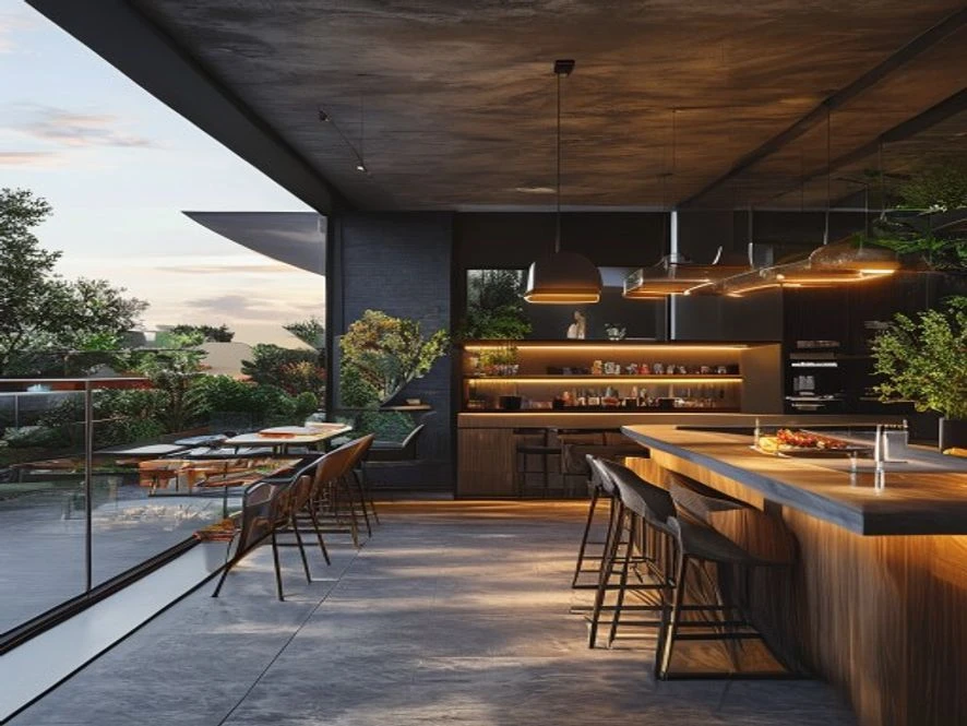 Nội thất phòng bếp 15m2 mở rộng ra ban công với quầy bar ngoài trời