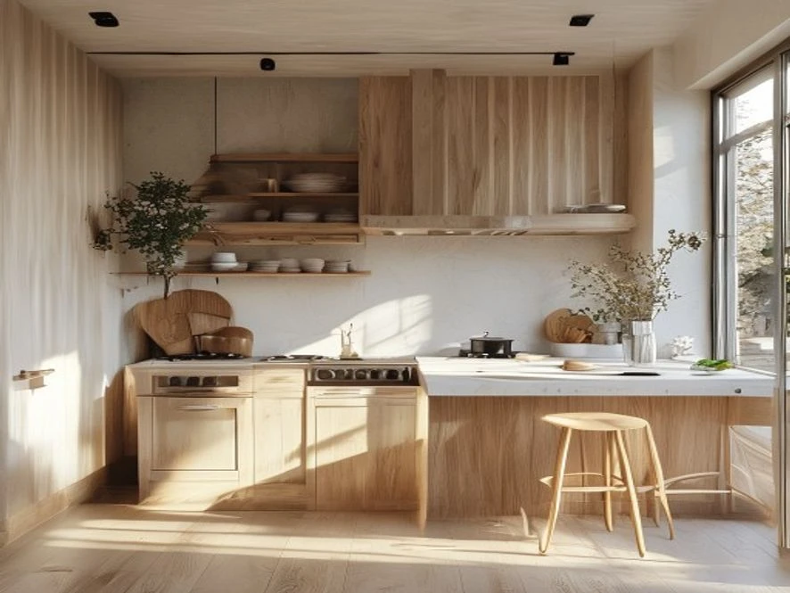 Nội thất phòng bếp 15m2 phong cách Bắc Âu với gỗ sồi trắng
