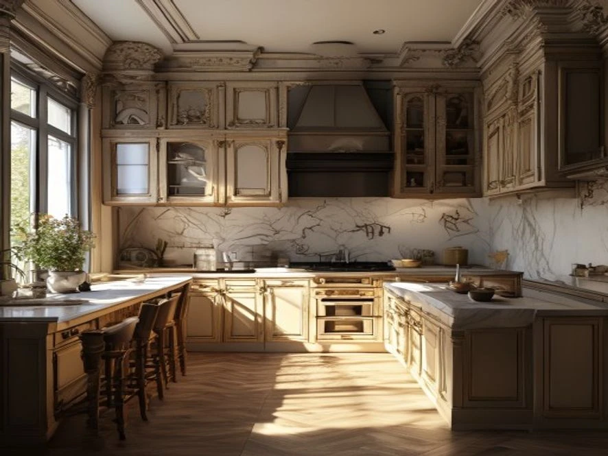 Nội thất phòng bếp 15m2 phong cách cổ điển với tủ chạm khắc tinh xảo