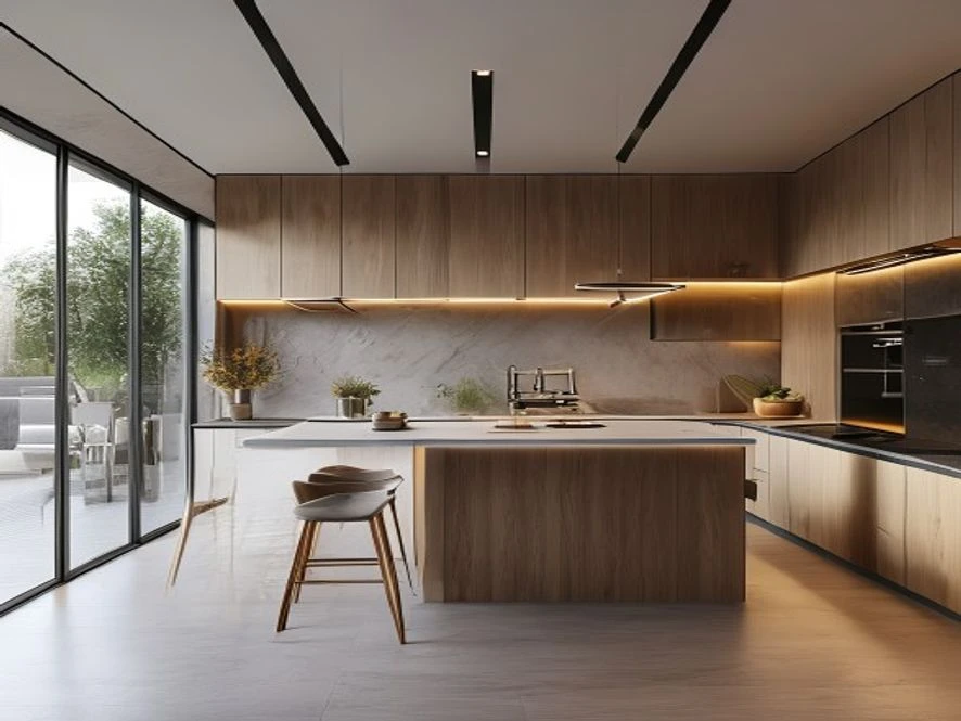 Nội thất phòng bếp 15m2 phong cách tối giản với tủ bếp âm tường