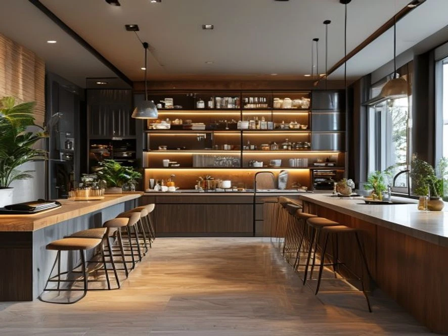 Nội thất phòng bếp 25m2 kết hợp phòng khách với quầy bar dài và hệ thống lưu trữ thông minh
