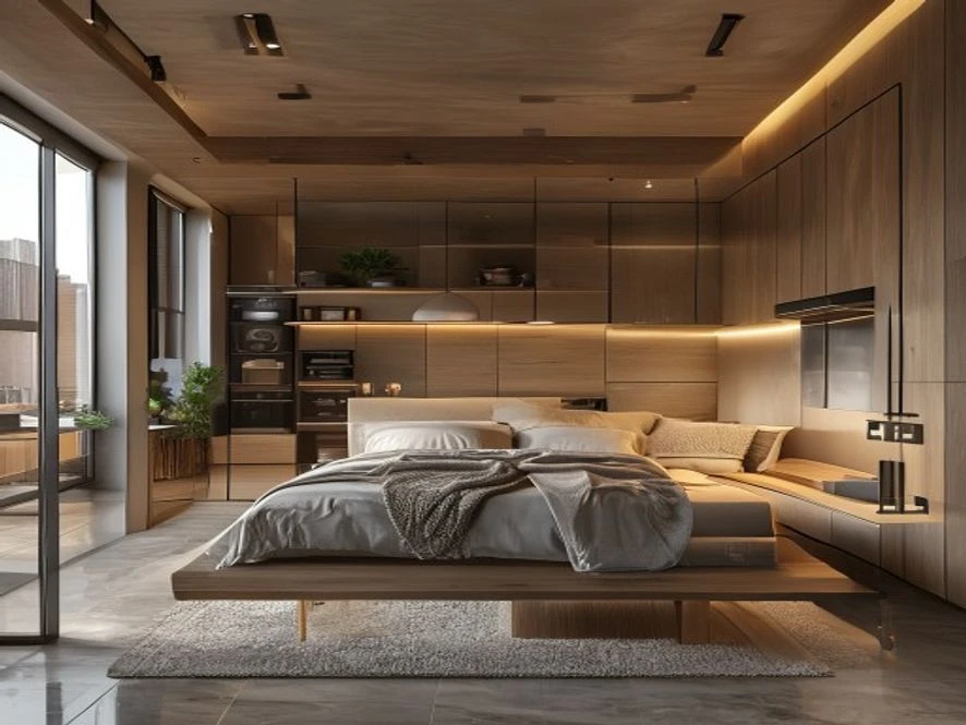 Nội thất phòng bếp 25m2 kết hợp phòng ngủ với vách ngăn di động và giường thông minh