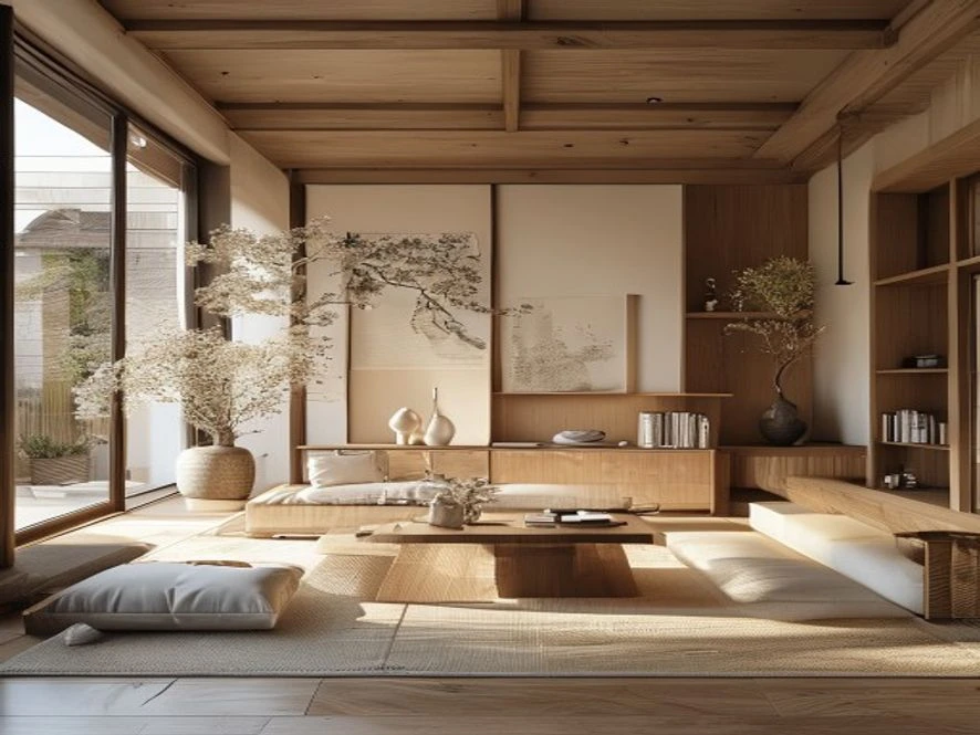 Nội thất phòng khách 40m2 phong cách Japandi Nhật Bắc Âu