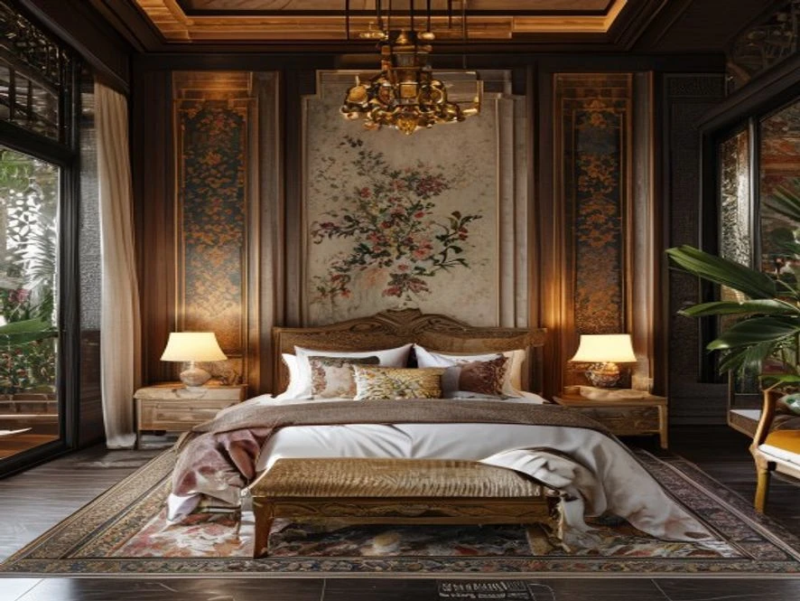 nội thất phòng ngủ 20m2 phong cách indochine cổ điển